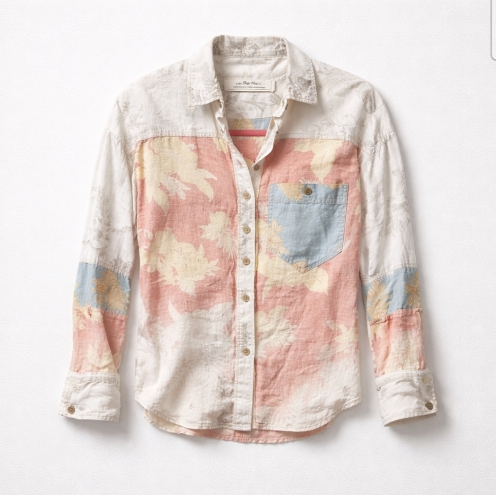 Free People Chasing Waves Shirt Extra Small Perpetual Sunset Linen Blend